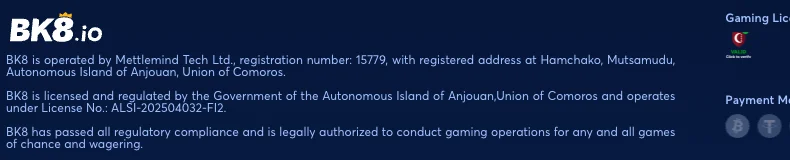 The legal footer of bk8.io naming Mettlemind Tech Ltd. and Anjouan licence ALSI-202504032-FI2, with the Gaming License seal