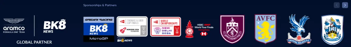 The Sponsorships and Partners strip on bk8.io with Aston Martin Aramco, BK8 Gresini Racing, BWF events and football club badges